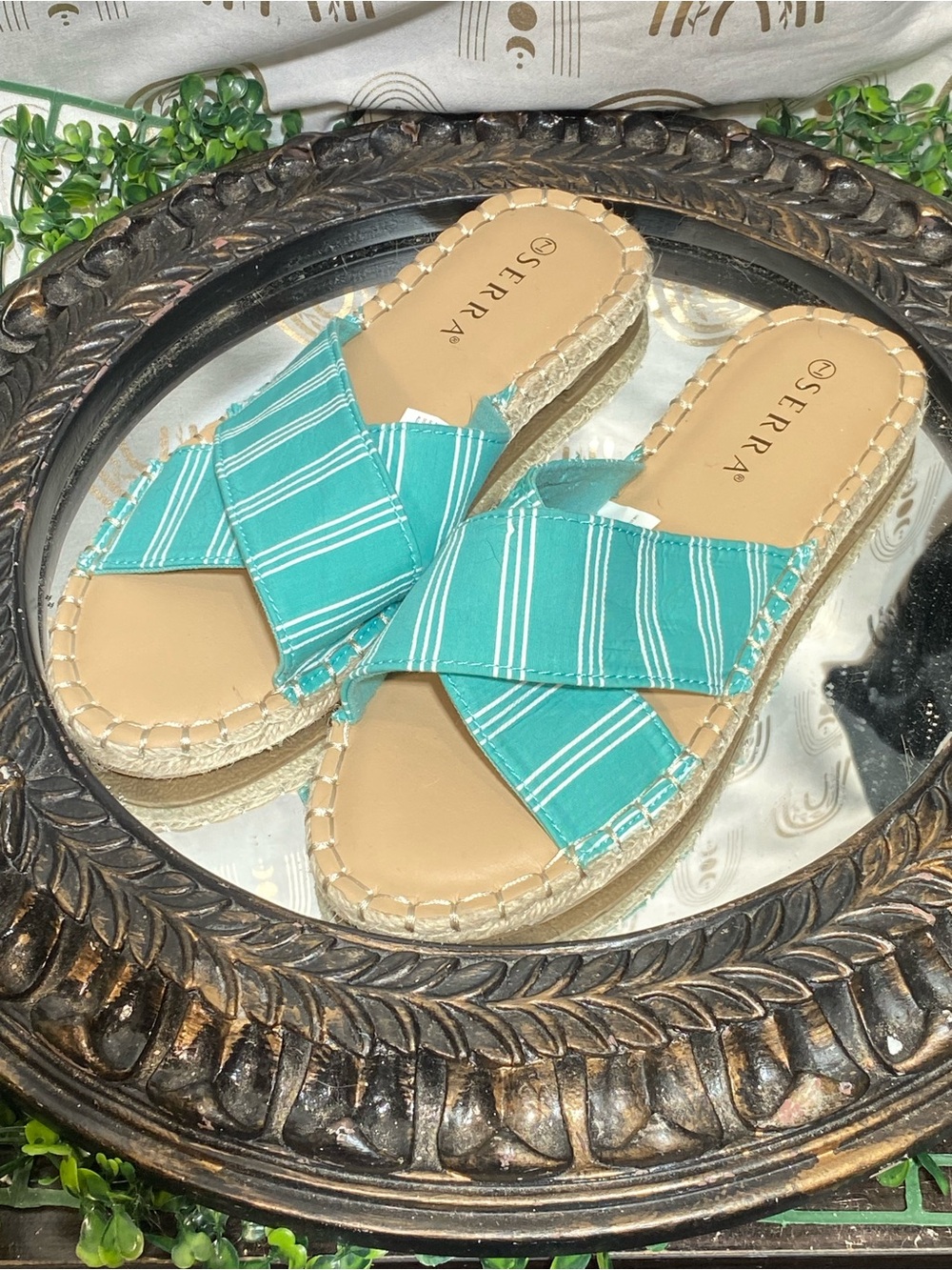 Serra Teal & White Striped Crisscross Slide Sandals